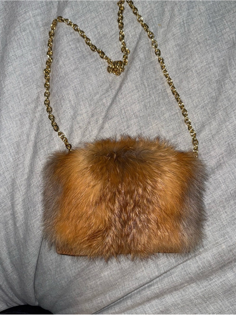 Genuine fox fur Crossbody Bag with Gold Chain - Chestnut Brown